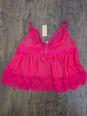 Mentionables XL Pink Lace Mesh Babydoll Chemise Sheer